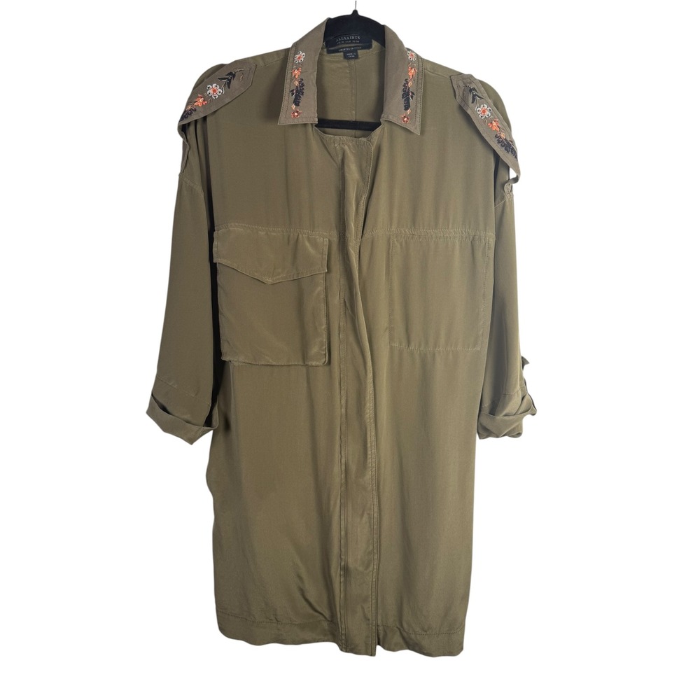 All Saints Embroidered 100% Silk Military Inspired Dress US Size 6 Olive Green